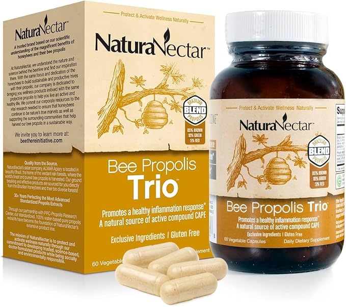 NaturaNectar - Bee Propolis Trio Capsules NSF Certified Premium Brazilian Propolis - Gluten-Free Supplements with More Diverse Flavonoids &amp PWE - Naturally Sourced Through Ethical Beekeeping (60p