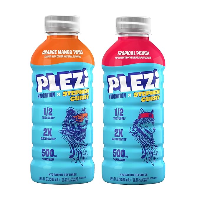 PLEZi Hydration Drink Bundle – Orange Mango &amp Fruit Punch x Stephen Curry – Sports Drinks with 2X Electrolytes 500mg Potassium No Added Sugar – 16.9 Fl Oz (24 Pack Total)