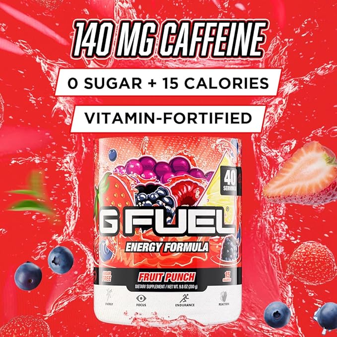 G Fuel Fruit Punch Energy Drink Powder Pre Workout Caffeine Mix for Gaming Sugar Free Focus Amino Vitamin + Antioxidants 9.9oz (Fruit Punch 40 Servings)