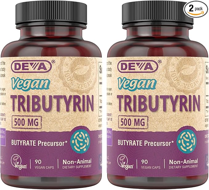 DEVA Vegan Tributyrin Supplement - Butyrate Precursor Gut Barrier Support Butyric Acid 500 MG Vegan Capsules Leaky Gut Support Digestion 90 Count (Pack of 2)