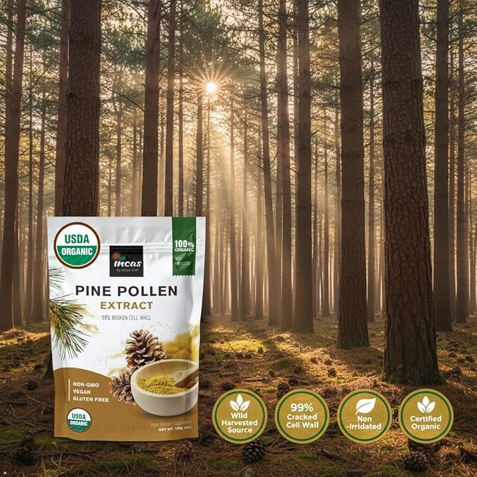 INCAS 100% USDA Organic Pine Pollen Powder (6 Ounces) Non GMO Verified 99% Cracked Cell Wall Wild HARVESTED Non-Irradiated Boosts Energy &amp Immune Support No Fillers or Additives