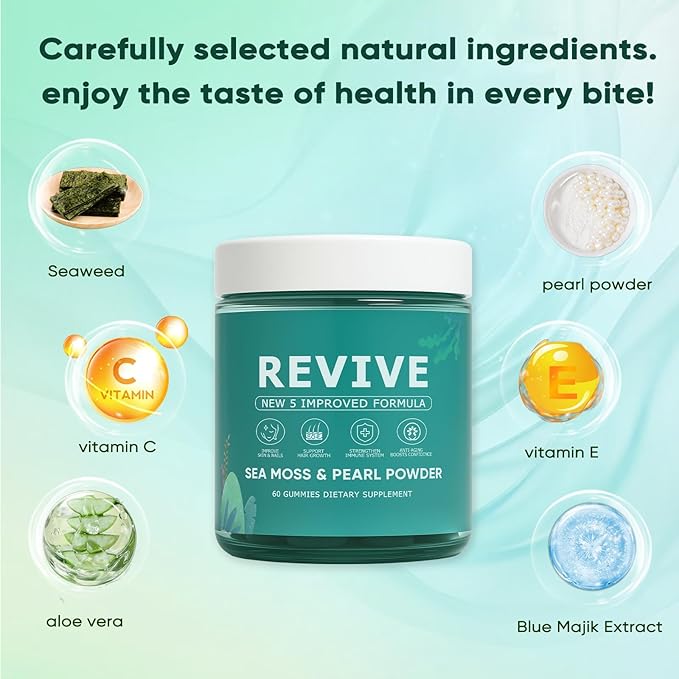 Revive Hair Gummies Balmbare Revive Gummies for Hair Promotes Thicker Fuller Stronger Hair with Organic Irish Sea Moss Pearl Powder Glow Vitamin C/E Aloe Vera 60 Count