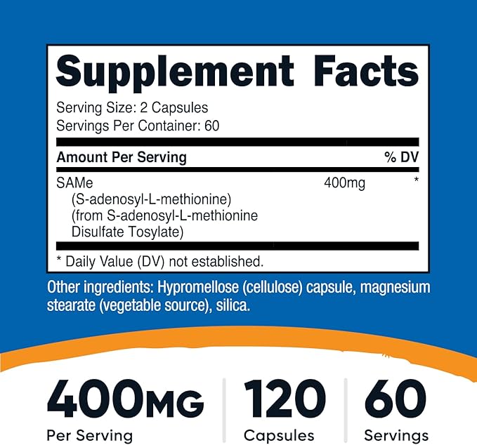 Nutricost SAM-e (S-Adenosyl-L-Methionine) 400mg Per Serving 60 Servings 200mg Per Capsule 120 Capsules - Non-GMO Gluten Free Same Vegetarian