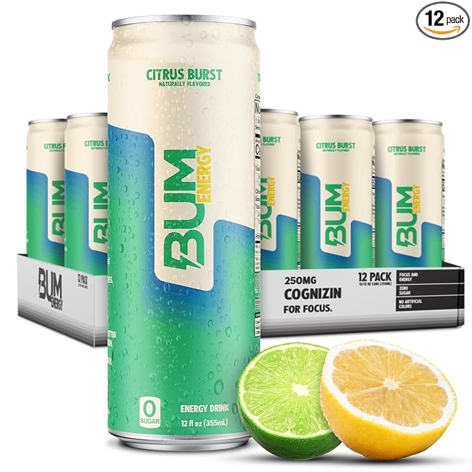 BUM Sugar-Free Energy Drink Citrus Burst - Lightly Carbonated &amp No Artificial Colors Natural Caffeine &amp Citicoline for Energy &amp Focus Brain Boost &amp Workout Sports Beverage - 12 oz