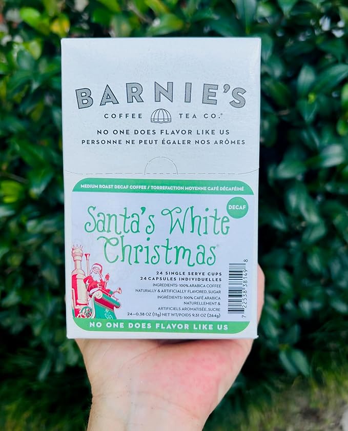 BARNIE'S COFFEE TEA CO. Single Serve K cups for Keurig Brewers Medium Roast Arabica Coffe Beans Decaf Santa's White Christmas 22 Count