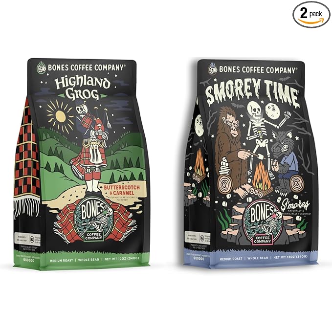 Bones Coffee Company S'morey Time and Highland Grog Whole Bean 12 oz Medium Roast Low Acid Coffee