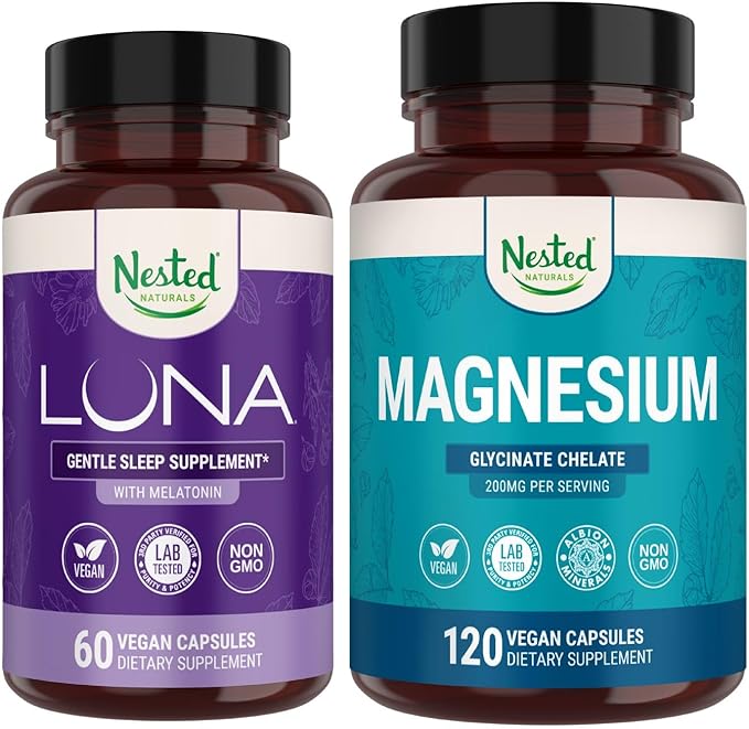 Nested Naturals Luna Sleep Aid &amp Magnesium Glycinate Chelate for Sleep Relaxation &amp Recovery (180 Capsules)