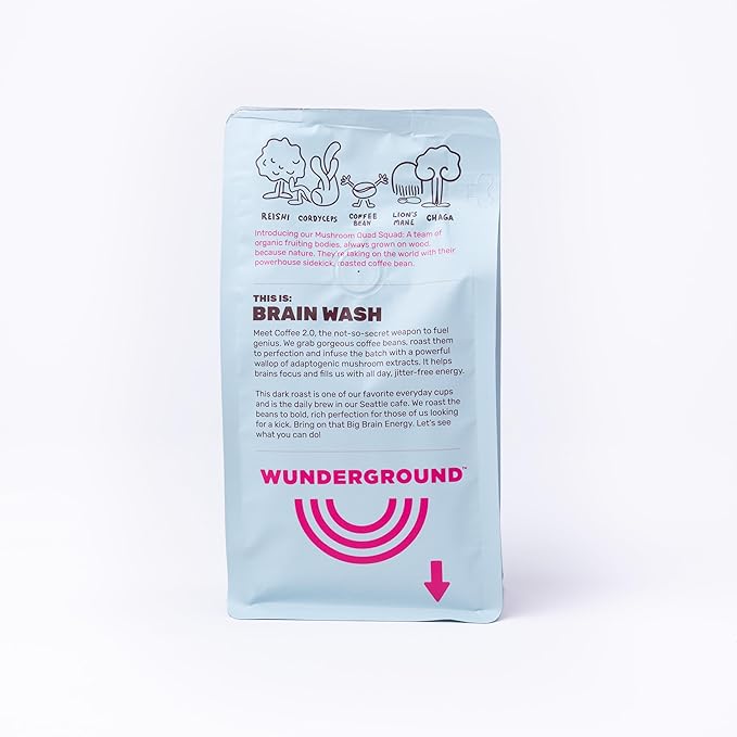 Wunderground's Brain Wash Dark Roast Organic Ground Coffee with Mushroom SuperBoost (12 oz Bag)