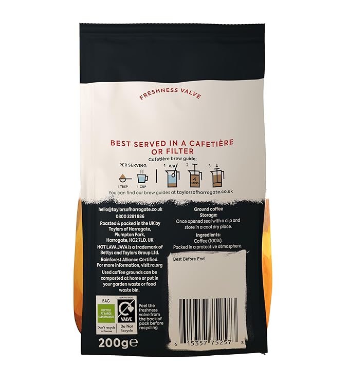 Taylors of Harrogate Hot Lava Java Ground Coffee 200 g (Pack of 6 - Total 1.2kg)