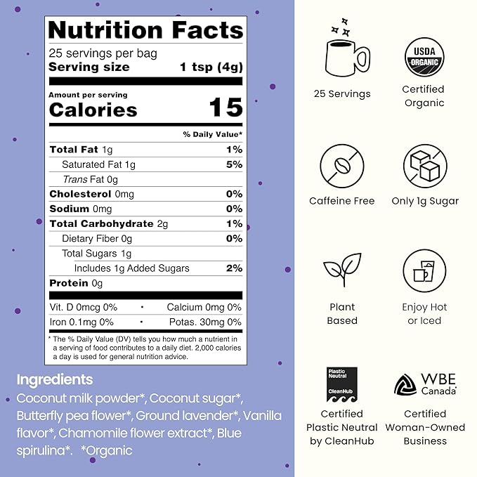Blume Superfoods Latte - Blue Lavender Powder with Blue Spirulina and Coconut Milk Caffeine Free Low-Sugar Organic Keto Friendly Vegan supports sleep and calmness Lavender Latte- 25 Servings