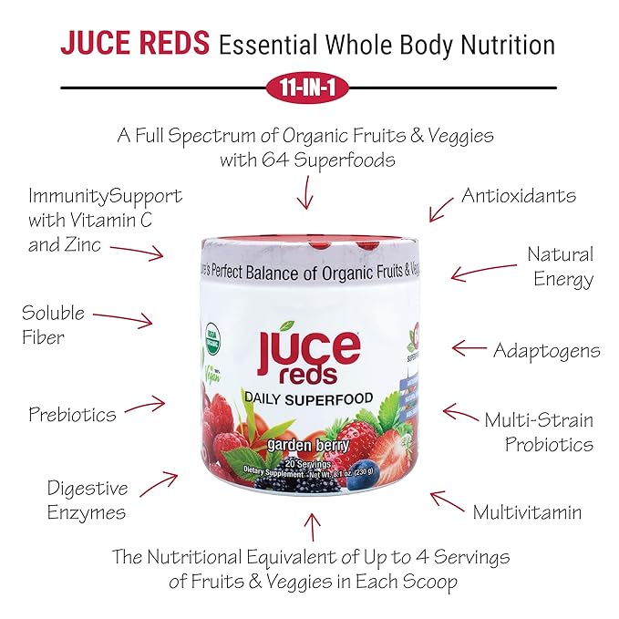 Terra Kai Organics JUCE Reds Organic Superfood Powder - Garden Berry Flavor | Fruit &amp Veggie Powder for Everyone w/64 Immune Boosting Superfood Plus Probiotics for Gut Health | 20 Servings (230g)