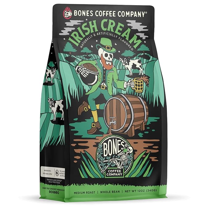 Bones Coffee Company Irish Cream and Highland Grog Flavored Ground Coffee Beans Bundle | 12 oz Medium Roast Arabica Low Acid Coffee Gifts (Ground)