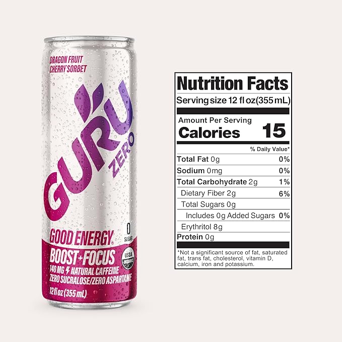 GURU ZERO SUGAR Dragon Fruit Cherry Sorbet Organic Energy Drink with Plant Based Natural Caffeine from Green Tea Coconut Water Prebiotic Zero Added Sugars Gluten Free &amp Vegan Pre Workout 140