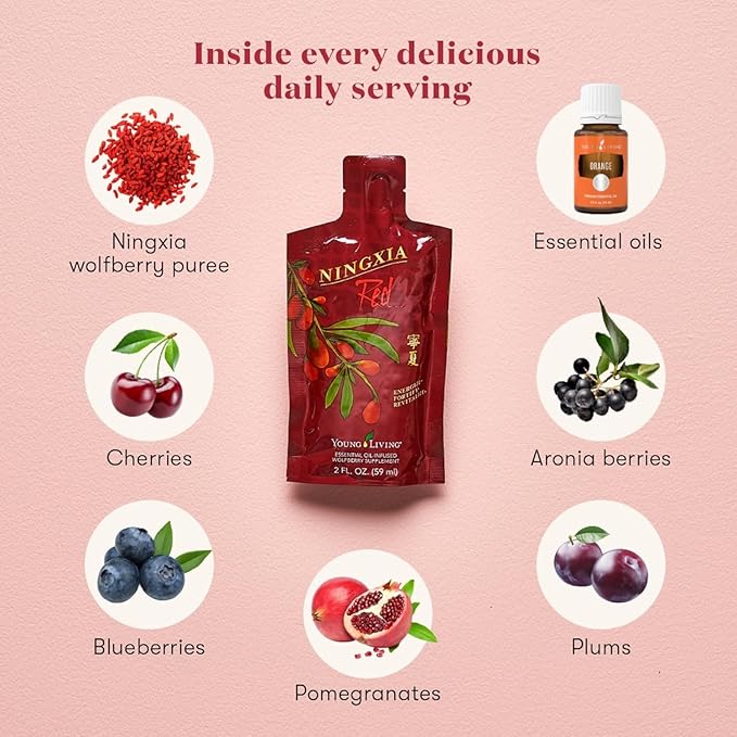 Young Living NingXia Red Antioxidant Drink | 2 fl oz | Superfruit with Wolfberry Blueberry Pomegranate Orange Lemon &amp Yuzu Essential Oils | 30 Pack