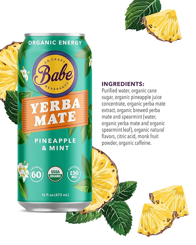 Babe Organic Yerba Mate Energy Drinks | 150mg Plant-Based Caffeine | Natural Yerba Mate Tea with No Crash No Jitters - Pineapple Mint (12 x 16oz Cans)