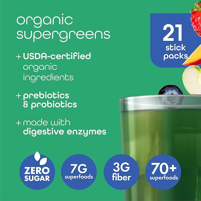 Zena Nutrition Organic Super Greens Powder Variety Pack 70+ Superfoods 0 Sugar 3G Fiber Spirulina Chlorella Antioxidants Prebiotics/Probiotics Digestive Enzymes 21 Drink Mix Packets