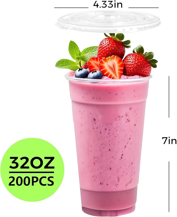 [200 SETS] 32 oz Cups with lids Plastic cups with lids and straws iced coffee cup suitable for takeout iced coffee cold drinks smoothies juices parfaits Frappuccinos and milkshakes.
