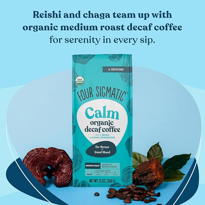 Four Sigmatic Calm Organic Decaf Ground Coffee | Swiss Water Decaf Coffee with Chaga &amp Reishi Mushroom Extracts | 12oz Bag(Pack of 2)