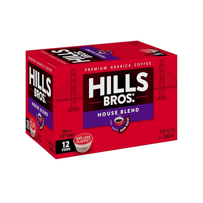 Hills Bros Single Serve Coffee Pods House Blend Dark Roast 12 Count-Keurig Compatible Roasted Arabica Coffee Bold Smooth Flavor