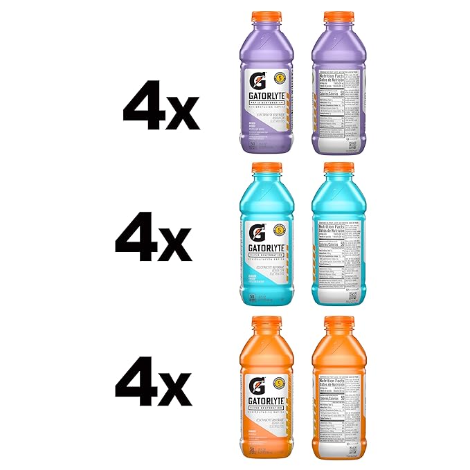 Gatorlyte Rapid Rehydration Electrolyte Drink 3 Flavor Variety Pack 2.0 Specialized Blend of 5 Electrolytes Lower Sugar No Artificial Sweeteners No Artificial Flavors 20 fl oz Bottles (12 Pack)