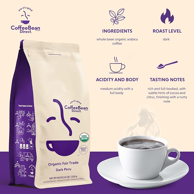 Coffee Bean Direct Organic Fair Trade Dark Peru Whole Bean Coffee Arabica Coffee Dark Roast 2.5 Pound Bag (Pack of 1)