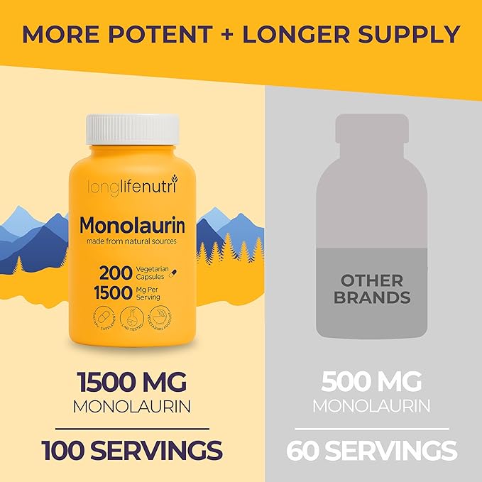 LongLifeNutri Monolaurin 1500mg - Potent Glycerol from Coconut 200 Vegetarian Capsules Organic Supplement for Gut Balance &amp Natural Defense 100-Day Supply GMP Certified Made in USA