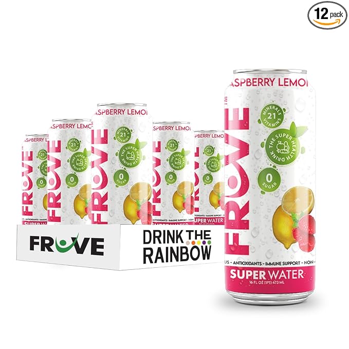 FrUve Super Water | Raspberry Lemon Flavor | 12 16oz Cans | Healthy Drink | Zero Sugar | Low Calorie Drink | Powerful Antioxidants | Boosts Immune System | NON-GMO | The Super Health Drink