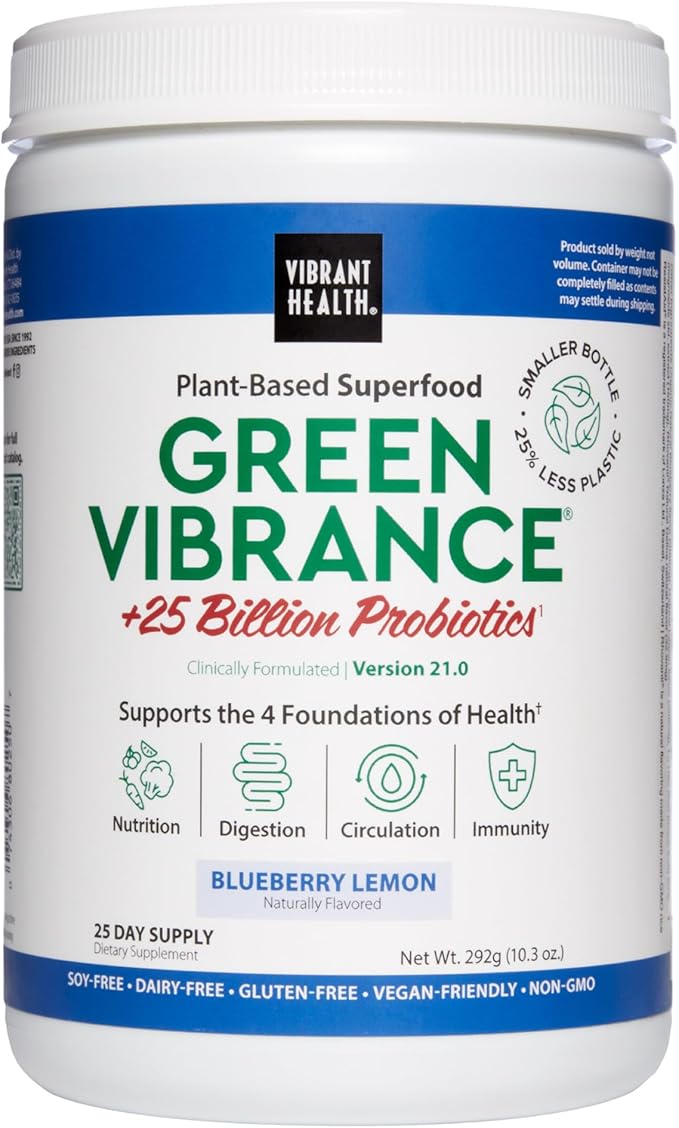 Vibrant Health Green Vibrance Superfoods Powder with 70+ Plant-Based Whole Foods &amp 25 Billion Probiotics Per Serving Blueberry Lemon 25 Servings