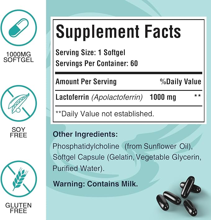 Liposomal Bovine Lactoferrin 1000 mg - for Iron Absorption &amp Immune Function Lactoferrin Supplements for Adults 60 Softgels (2 Bottle)
