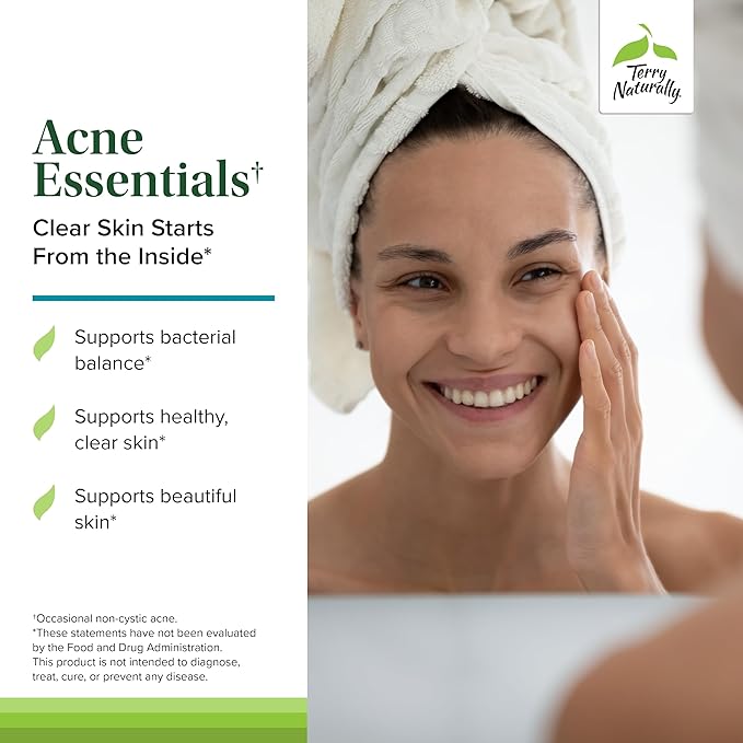 Terry Naturally Acne Essentials - Skin Support Supplement for Clear Skin - Supplement with Vitamins A C &amp Zinc - Skincare Supplement for Occasional Acne - 60 Capsules (60 Servings)