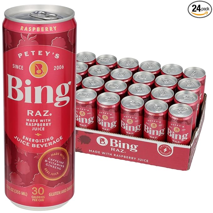 BING RAZ Energizing Juice Beverage – Raspberry (12oz/24pk) – Made with REAL Juice! Only 1g added Sugar Low Calorie 5 B-Vitamins &amp Ginseng 100mg Caffeine Vegan Gluten + Dairy Free. DELICIOUS