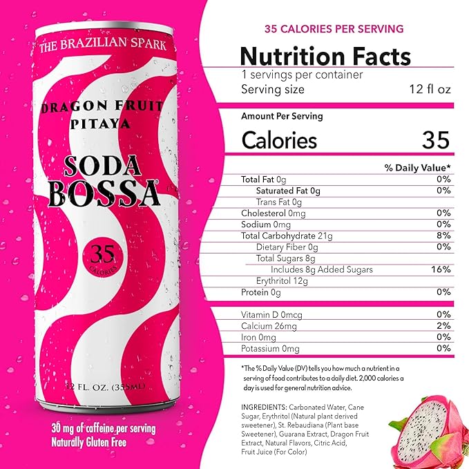 Soda Bossa Sparkling Healthy Soda Dragon Fruit Low-Calorie Gluten Free &amp Non-GMO Guilt-Free &amp Hydrating Sparkling Soda Drink - Natural Soda - Craft Soda 8-12 FL OZ Cans/Box (Pack of 1 Box)