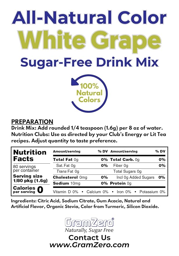 GramZero White Grape Zero Calorie Sugar Free Drink Mix Great For Nutrition Club Loaded Teas Stevia Sweetened