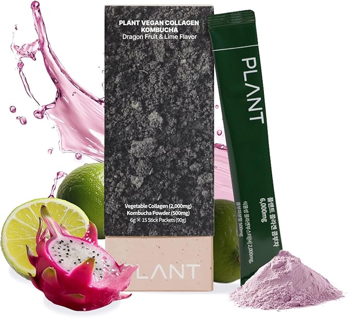 PLANT Vegan Collagen Peptide Kombucha Powder Probioitics Vitamin C | 2000mg Tripeptide Vegetarian Collagen Booster Dragonfruit Lime |15 Packets Gut &amp Skin Health Anti-Aging Hydration Drink Mi
