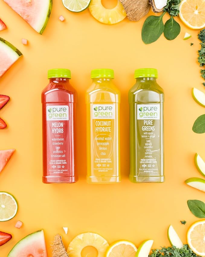 Pure Green Cold Pressed Juice - Pure Greens LG - Fresh Functional Blend with Greens Lemon Ginger - Natural Gluten Free Non-GMO No Artificial Colors or Flavors - Made from Real Fruits &amp Veggie