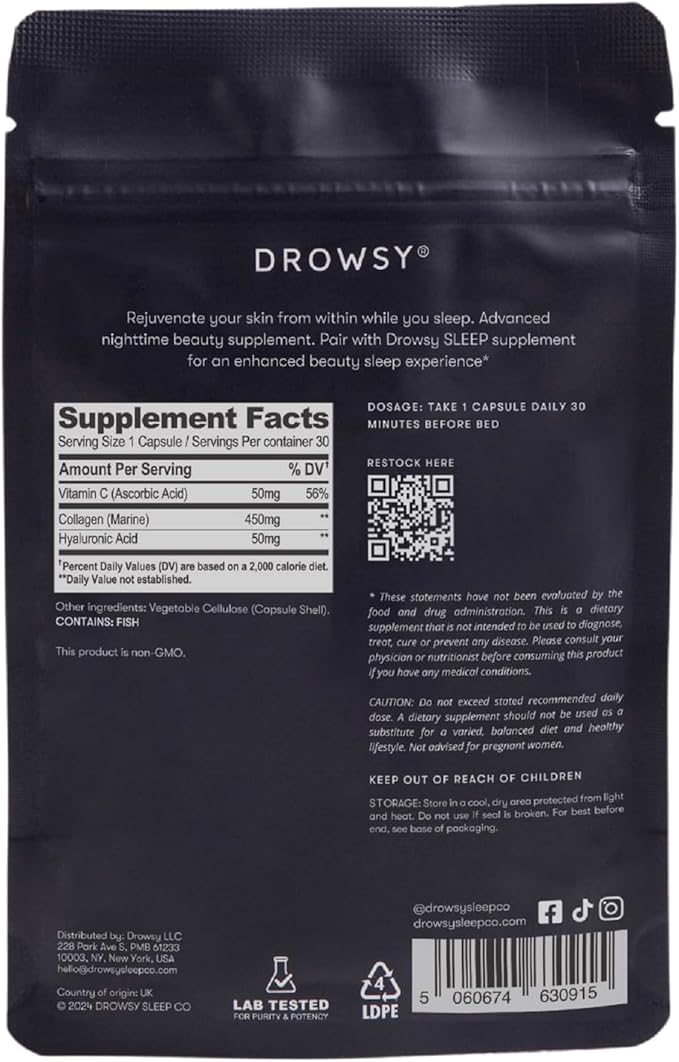 DROWSY Daily Radiance Duo Gift Set – Day &amp Night Beauty Supplements – Collagen Hyaluronic Acid &amp Vitamin C for Skin Support and Sleep Capsules with Magnesium L-Tryptophan &amp L-Theanine fo