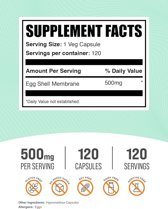 BulkSupplements.com Egg Shell Membrane Capsules - Collagen Supplement Dairy-Free &amp Gluten Free - 1 Capsule per Serving (500mg) 120 Count (Pack of 1)