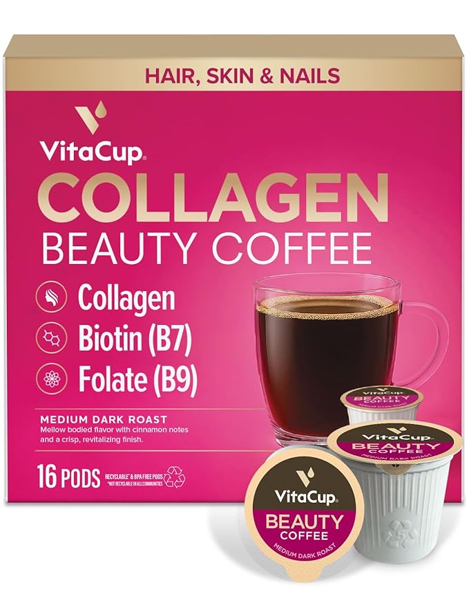 VitaCup Beauty Collagen Coffee Pods for Hair Skin &amp Nails with Biotin &amp Folate Medium Dark Roast Keto Friendly Single Serve Pod Compatible with Keurig K-Cup Brewers16 Ct