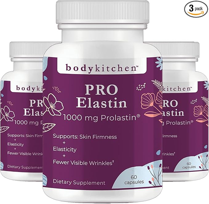 Body Kitchen Pro-Elastin 1000 mg Elastin Supplement Reduce Signs of Aging Improved Skin Health Firmness &amp Elasticity Fewer Wrinkles Veggie Caps (Pack of 3)