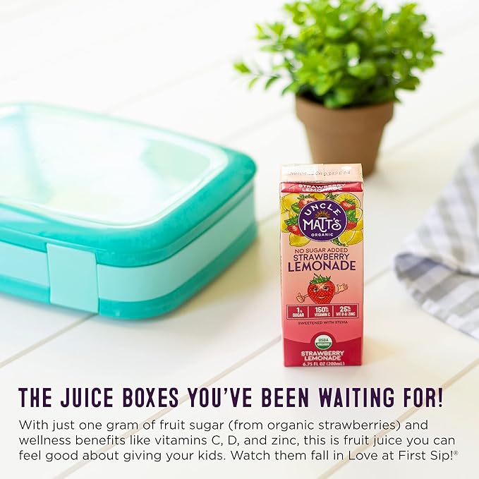 Uncle Matt’s Organic Juice Boxes – 32 Pack No Sugar Added Strawberry Lemonade USDA Organic Only 10 Calories with Vitamin C D &amp Zinc Kid-Friendly Juice Drinks