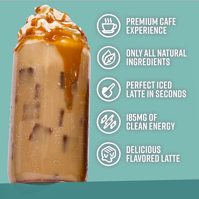 Premium All-Natural Caramel Flavored Instant Coffee Cold Brew Latte Mix - 8 Servings - High Caffeine Rich &amp Flavorful Gluten-Free Convenient | MADRINAS