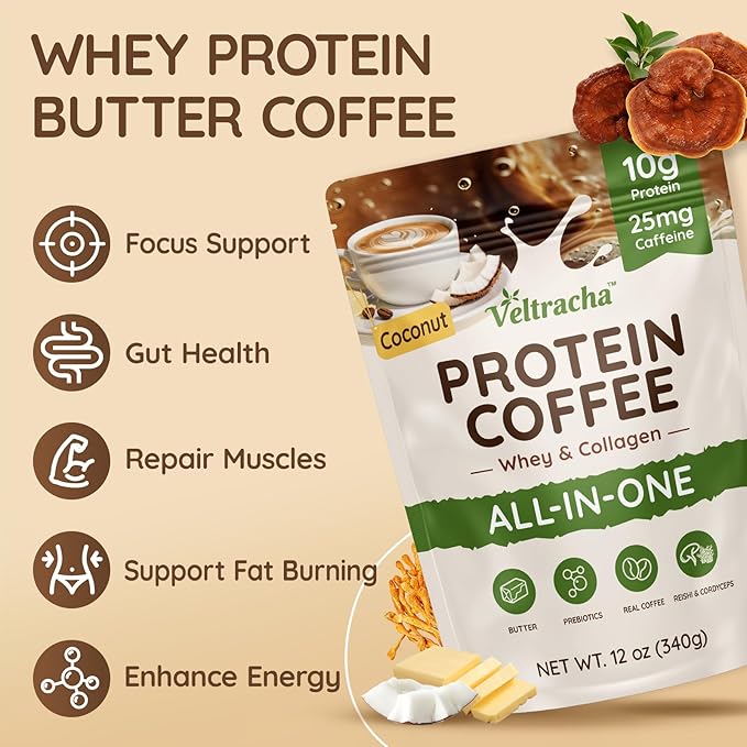 Grass Fed Whey Protein Coffee Collagen Protein Iced Coffee - 10g Protein &amp 0g Sugar Made with Cordyceps Reishi &amp Butter Natural Energy without Jitters Coconut 20 Servings