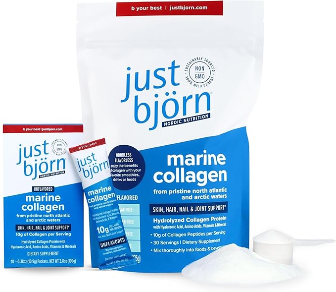 Just Bjorn Marine Collagen Peptides Powder On-The-Go Stick Packs (10 Pack) + 30 Serving Pouch (11.5 Ounce) - Skin Hair Nail and Joint Support - Hyaluronic Acid Vitamin C Amino Acids - Unflavored