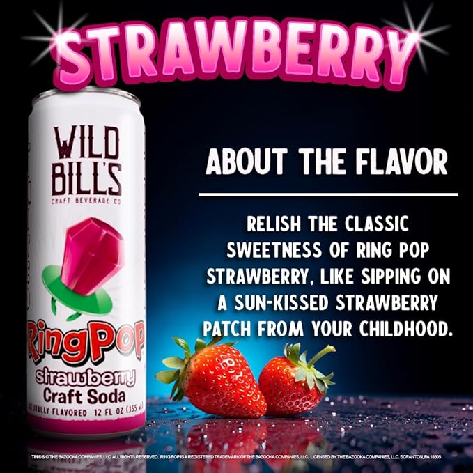 Wild Bill’s Strawberry Ring Pop Craft Soda Pop Soft Drinks – Pure Cane Sugar No HFCS Caffeine Free Vegan Gluten Free Low Sodium Lightly Carbonated – 12 Oz Cans 12 Pack