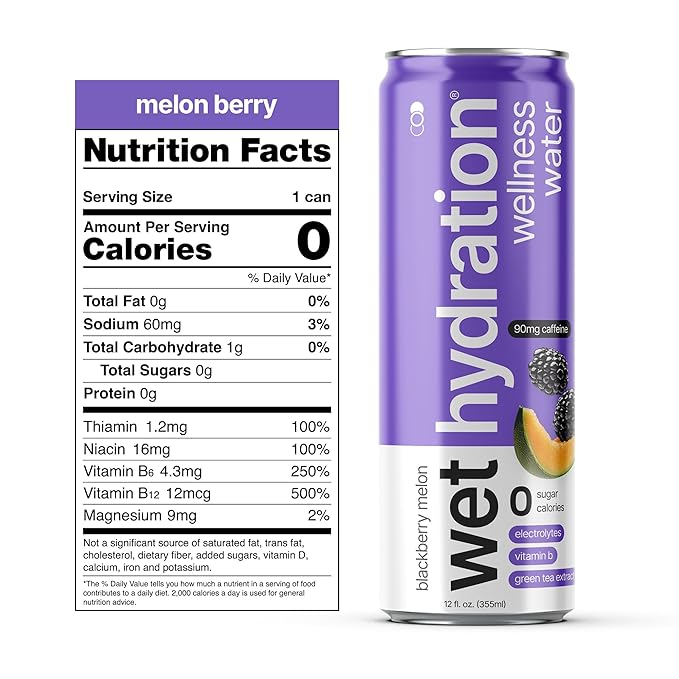 Wet Hydration | Functional Wellness Water Non-Carbonated - Blackberry Melon (12 Ounce Cans Pack of 12) - Flavored Water Hydration Drink No Sugar No Artificial Ingredients Zero Calories (Packagin