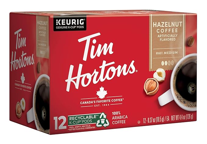 Tim Hortons Hazelnut Flavored Medium Roast Coffee Single-Serve K-Cup Pods Compatible with Keurig Brewers 72ct K-Cups 6x12ct Boxes Red