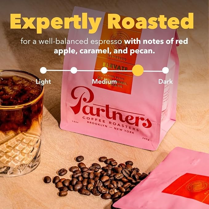 PARTNERS COFFEE ROASTERS - Whole Bean Coffee (Elevate - Espresso Medium Roast) 12oz (2 Pack) - Well-Balanced Espresso - Whole Coffee Beans - Lab Tested for Mycotoxins &amp Heavy Metals - Hand Roast