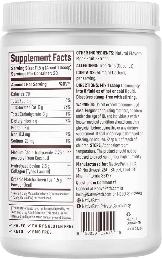NativePath Matcha Latte Collagen Peptides with MCT Oil - 10g Grass-Fed Collagen &amp Organic Matcha for Energy &amp Focus - Keto No Gluten or Dairy (8.1 oz)