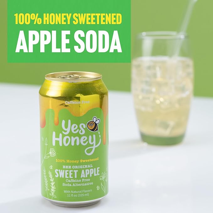Yes Honey Soda Sweet Apple 11oz (12-Cans) Alpha Gal Friendly 100% Honey-Sweetened Healthy Soda Gluten Free Caffeine Free No Added Sugar