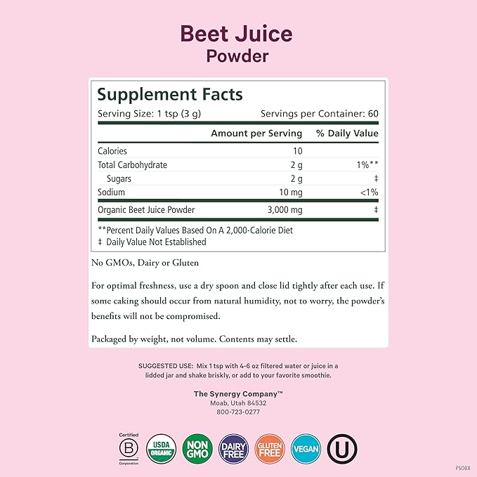 PURE SYNERGY Organic Beet Juice Powder | Pre-Workout Supplement | Organic Beet Root Juice Powder | for Healthy Circulation Exercise and Detoxification (6.4 oz.)